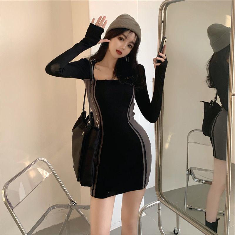 Female Large Size Stitching Unique Design Square Collar Club Dress Elegant and Slim In Spring