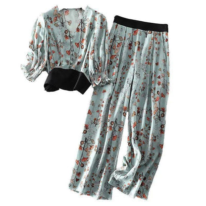 2PCS Women's Summer Suit Korean Version Loose Mother's Wide-leg Pants Two-piece Loose Cool Suit Ladies Floral Casual Sets