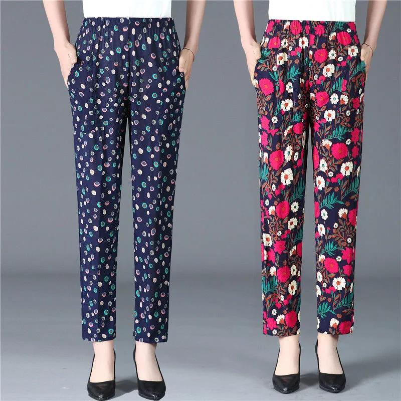 XL-5XL Women's Spring and Summer Elastic Waist Wide Leg Printed Casual Pants Female Plus Size Loose Simple Thin Cropped Pants