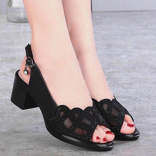 Women's Sandals Real Soft Leather Summer Mesh Fish Mouth Shoes Thick Heel Mid-heel Hollow Soft Sole Shoes