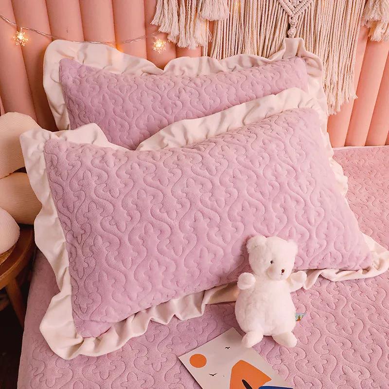 Princess Style Lotus Leaf Pillowcase Coral Velvet Thickening Bedroom Pillowcase Girls Dormitory A Pair of Pillow Core Liner Cover