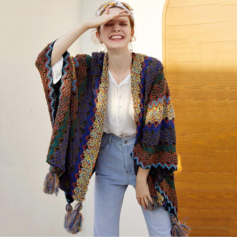 Ethnic Style Retro Literary Cloak Scarf Warm Women's Sweater Shawl Cloak Coat Tassel Jacquard Knitted Cardigan Women's Warm Shawl Coat