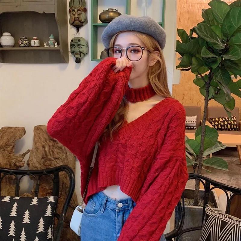 Sweater Design Knit Sweater Top Women's Autumn Winter New Short V-neck Halter Loose Knitted Sweater