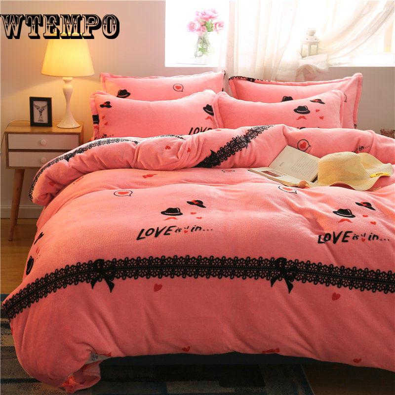 New 4pcs Crystal Flannel Bedding Set Winter Warm Fleece Duvet Cover Set Bed Sheet Bed Linen