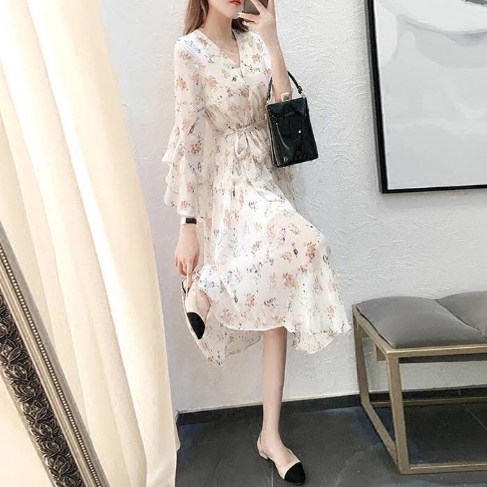 Pofulove M-4XL Women Summer Floral Chiffon Dress Slim Short-sleeved V-neck A-line Beach Dresses