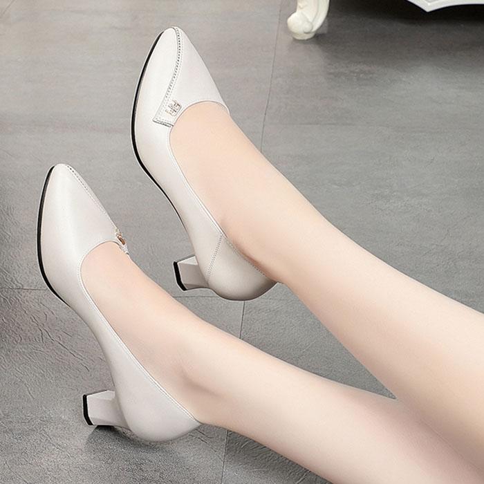 Single Shoes Women's Thick Heel Women Shoes Summer Soft Sole Mid-heel Shoes Spring and Autumn All-match Leather Shoes