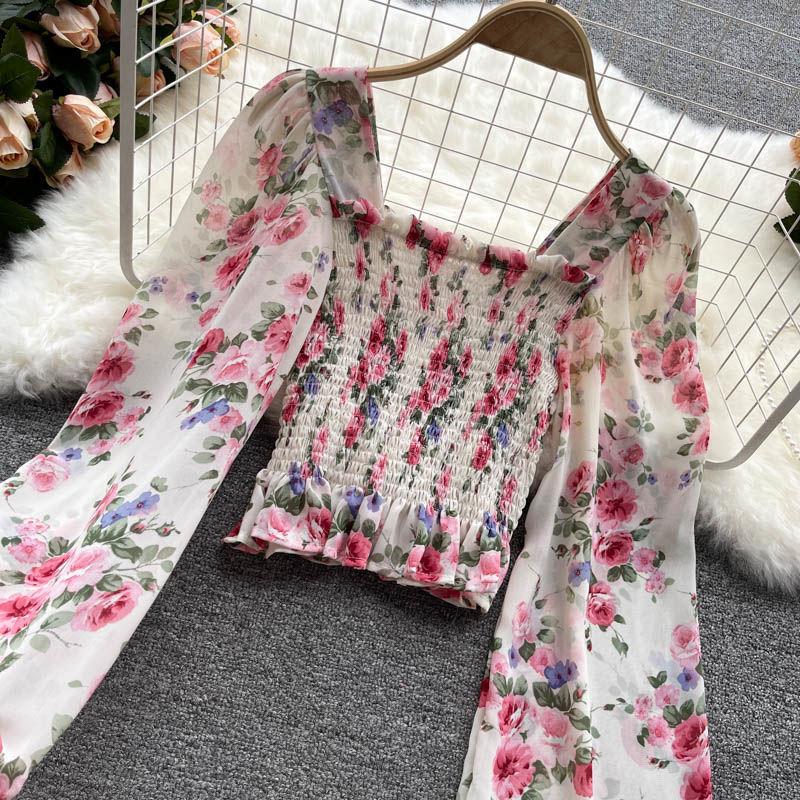 Floral Chiffon Shirt French Sweet Flower Print Bubble Lantern Sleeves Off the Shoulder Top Slim Blouses Sexy Pullover Womens Tops Summer Blouse