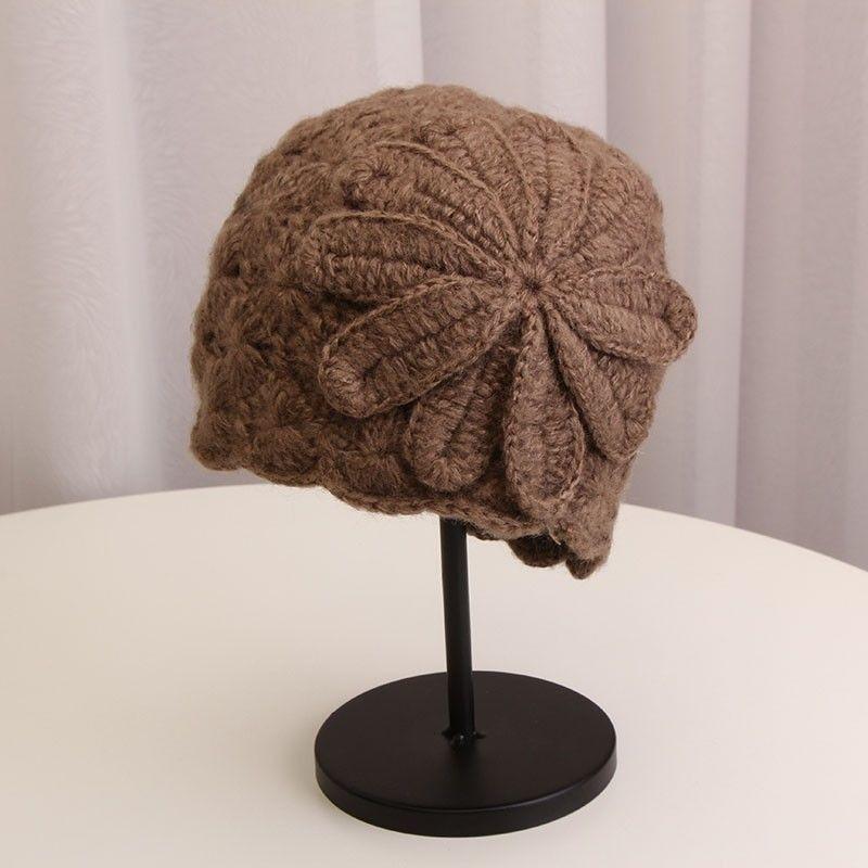 Knitted Hat Woman Autumn and Winter Wild Handmade Flower Warm Sweater Hat Bag Head Month Cap