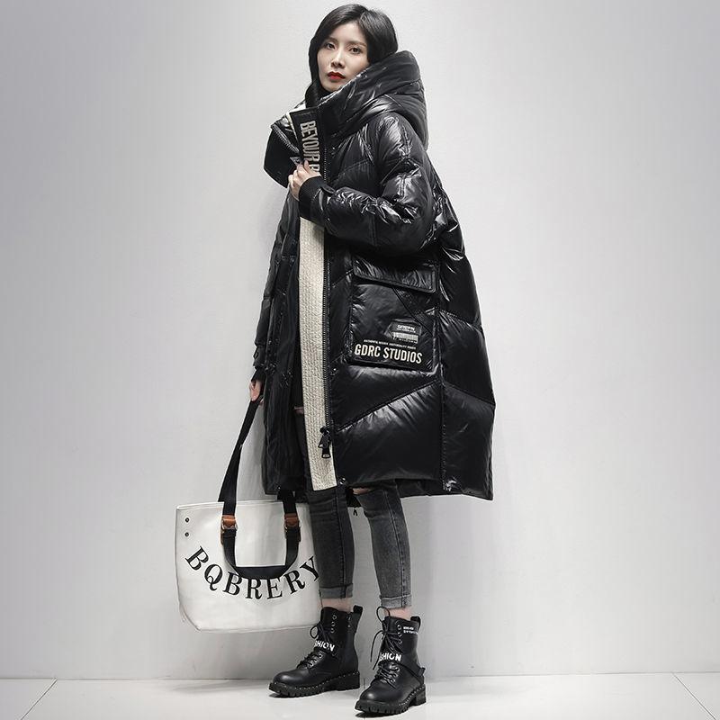 Women's Winter Korean Style Loose Quilted Coat Warm Stand-up Collar Down Jacket Women's Bright Face Long Down Jacket