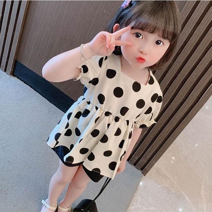 2PCS Children Clothing Set Spring Summer Girls Printing Suits Dot Short Sleeve Ruffle Tops + Pants Clothing Set