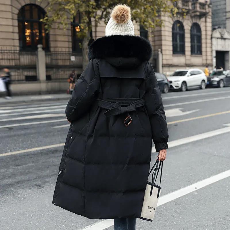 Down Jacket Winter Ladies Fashion Korean Big Fur Collar Thick Warm Hooded Mid-length Plus Size Cotton Jacket