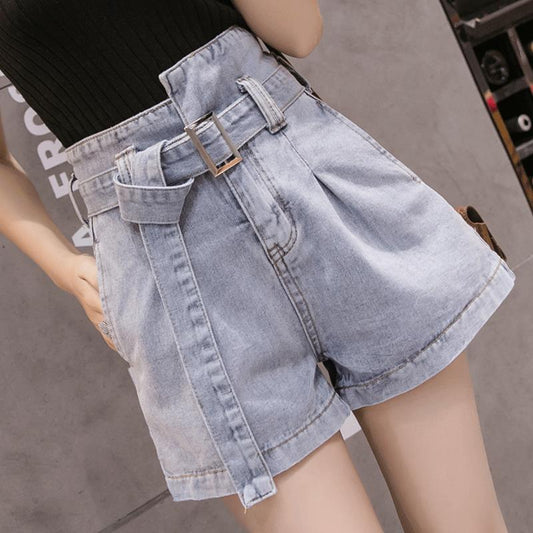 WTEMPO Belt High Waist Denim Shorts Women Wide Leg A-line Thin Curled Bottom Casual Shorts