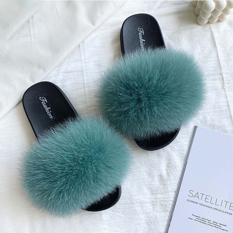 Furry Slippers for Women The Same Style In Summer Fashion Real Fox Fur Slippers Plus Size Female Sandals