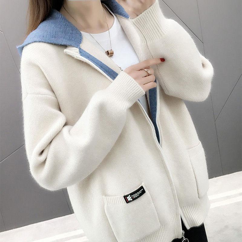 Autumn and Winter Cardigan Hooded Coat Loose Contrast Color Knitted Sweater Zipper Casual Women's Top