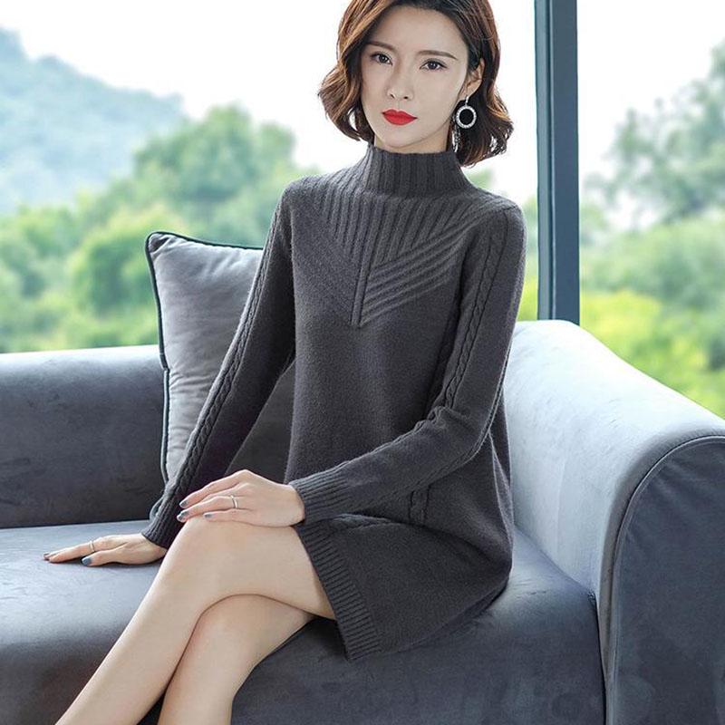 Autumn and Winter Mid-length Sweater Loose Long-sleeved Knitted Bottoming Shirt All-match Half High Collar Dress