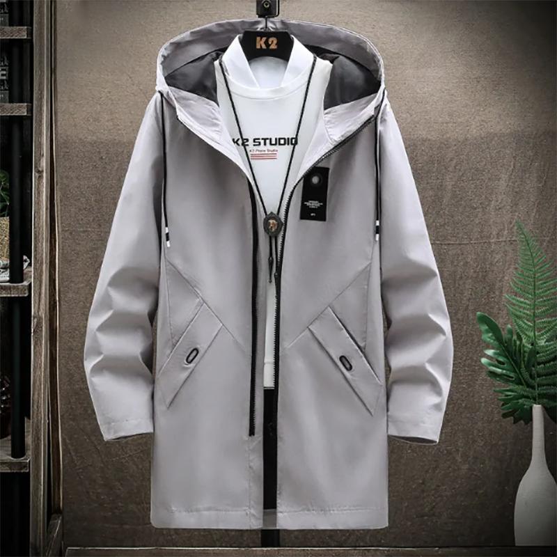 Autumn Windbreakers Men's Windbreaker Mid-length Korean Style Trendy Slim Coat Plus Velvet Thick Men's Coats