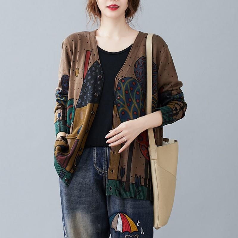 Vintage Art Plus Size V-neck Cardigan Coat Printed Long-sleeved Sweater Women Knitted Jacket with Pockets