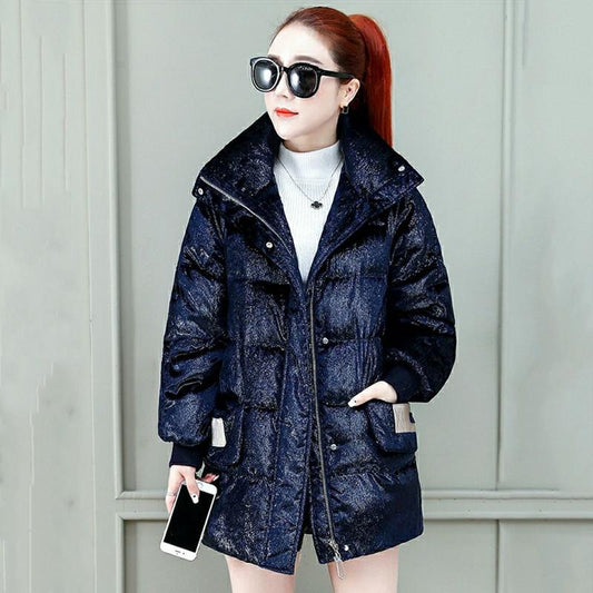 Women's Shiny Mid-length Down Jacket Winter Korean Style Loose Coat Quilted Jacket Warm Stand-collar Down Jacket