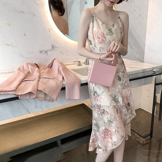 Women Spring Summer Flower Print Dress Sleeveless Suspenders Chiffon Dress Sexy Split Women Dress