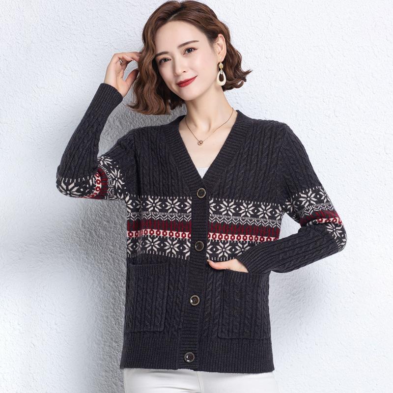 Autumn and Winter Printed Cardigan Women's Plus Size Casual Sweater Coat High-end Wool Sweater