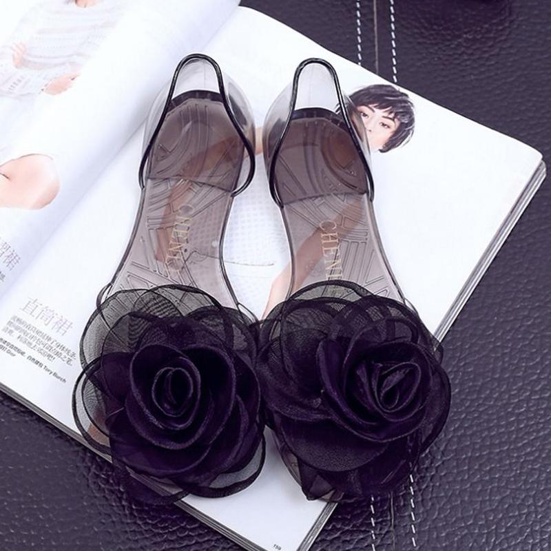 Flower Sandals Jelly Shoes Women Summer Flat Fish Mouth Crystal Transparent Outer Wear Plastic Women's Shoes Beach Shoes