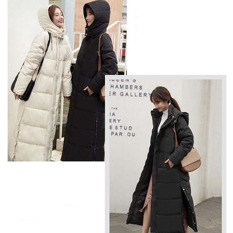 Ladies Down Hooded Cotton Jacket Winter Fashion Plus Velvet Thick Warm Quilted Jacket Super Long Plus Size Slim Jacket