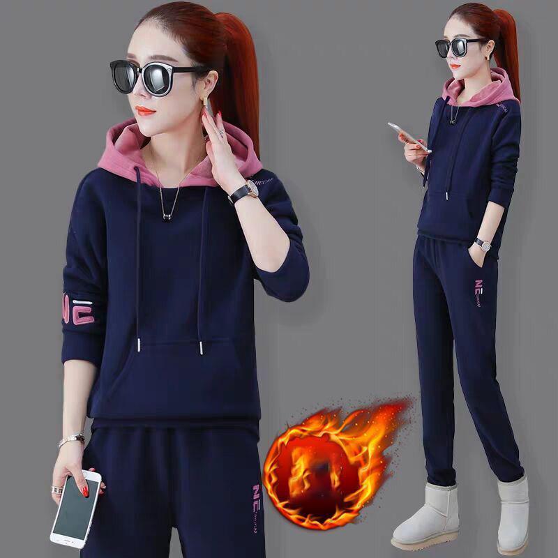 Plus Velvet Thickened Leisure Sports Suit Women Loose Hooded Hoodie Two-piece Fabric Breathable Warmth and Comfort