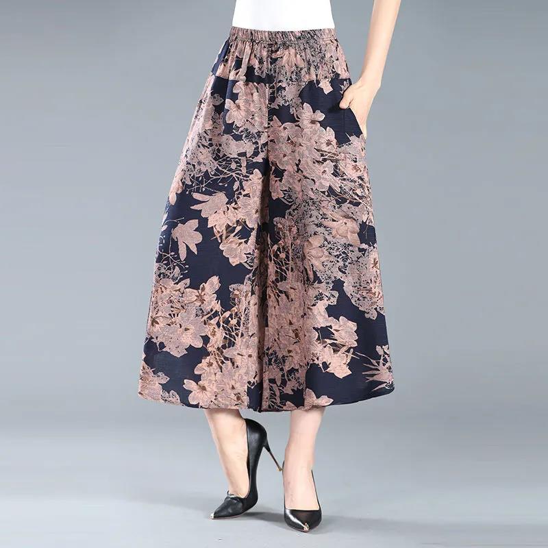 Women Summer Large Size Printed Dance Culottes Loose High Waist Vintage Elastic Casual Cropped Pants