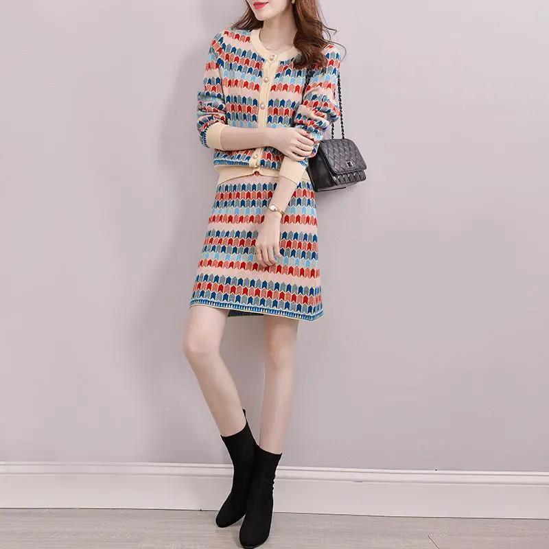 2pcs/set Women's Knitted Skirt Suit Autumn Winter Women's Long-sleeved Printed Cardigan and Knitted Skirt Two-piece Set Female Knit Bodycon Skirt Suit