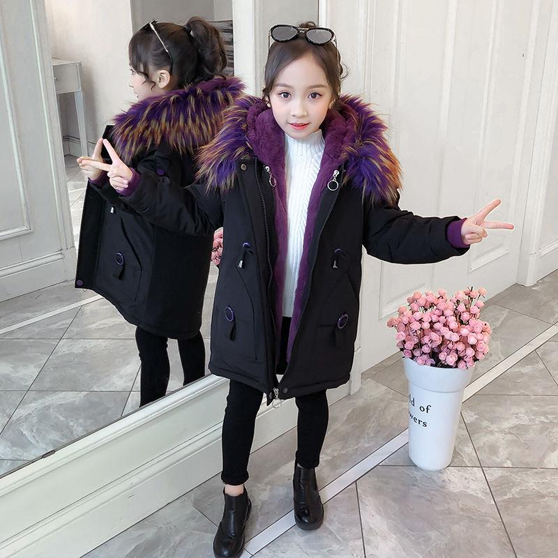 Winter Clothes Plus Cotton Padded Coat for Girls Detachable Plus Velvet Padded Coat Medium and Long Fur Collar Parka  Cotton Padded