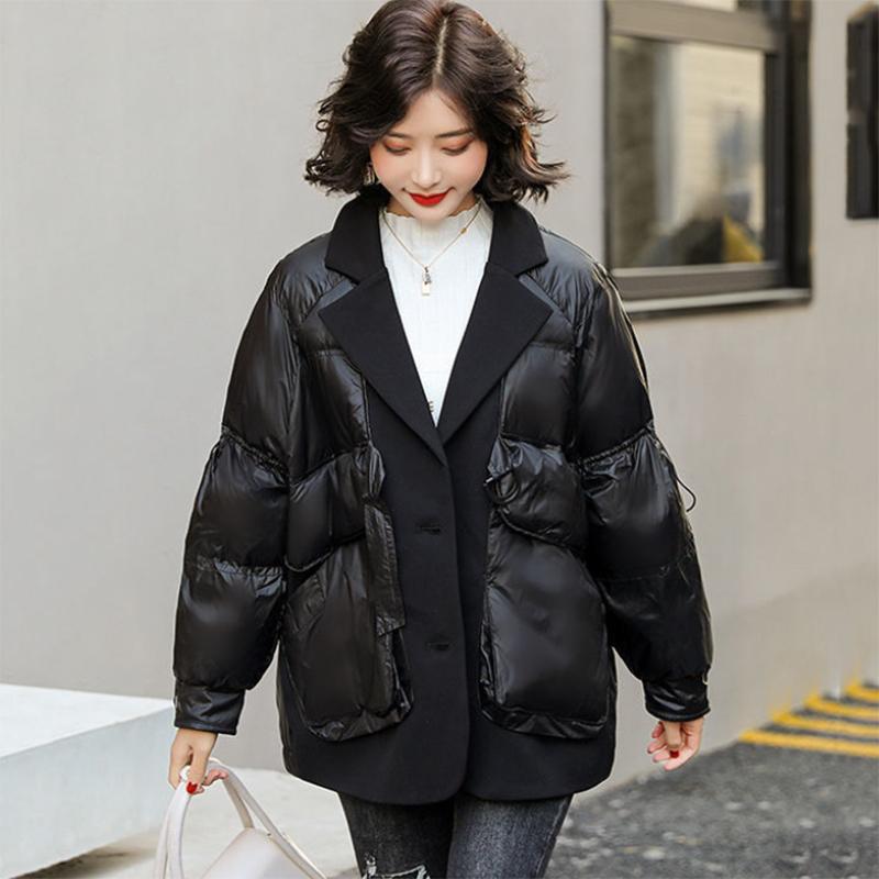 Women's Solid Color Mid-length Down Jacket Winter Korean Loose Coat Warm Suit Collar Down Jacket Quilted Jacket