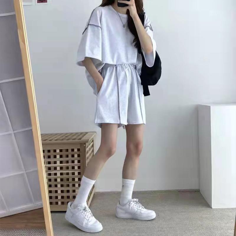 2PCS Women's Cotton Suit Short-sleeved Shorts Student Two-piece Summer Loose Casual Sportswear Gym Fitness Sets