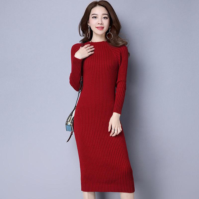 Autumn and Winter Slim Slimming All-match Base Long Sweater Dress Over-the-knee Warm Knitted Round Neck Long-sleeved Dress