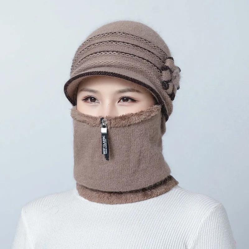 Women's Hat Autumn and Winter Floral Face Ear Protection Wool One-piece Scarf Mask Hat Plus Velvet Thickening Cycling Windproof Warm Mother Hat