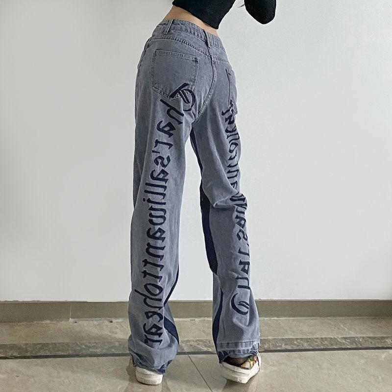 Letter Embroidery Straight-leg Jeans Women's High-waisted Thin Loose Wide-leg Jeans  Mopping Trousers