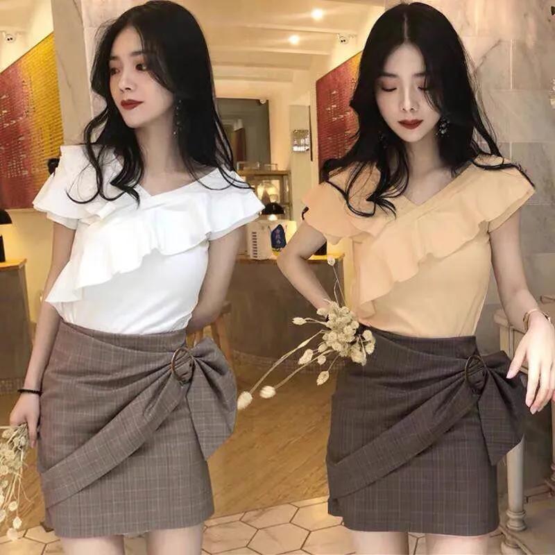 V-neck Top T-shirt Ruffled Comfortable Shirt Summer Korean Version Off Shoulder All-match Short-sleeved Tops Slim Thin Tops Women's Clothing