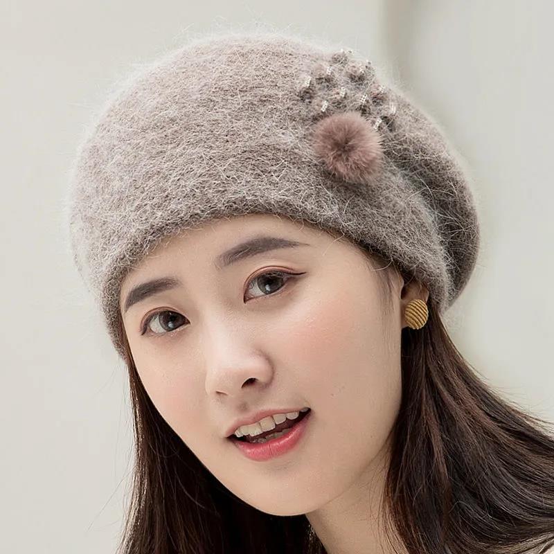 Beret Female Rabbit Fur Hat Autumn and Winter Outdoor Double-layer Thickened Wool Cap Ear Protection Warm Head Cap