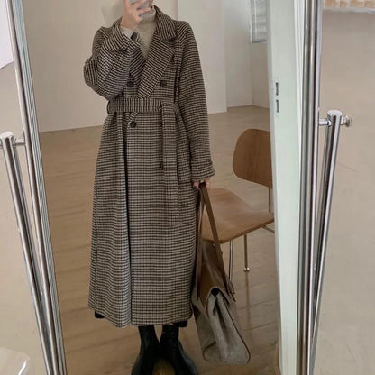 Women's Woolen Coat Plaid Korean Mid-length Houndstooth Coat Coat Women