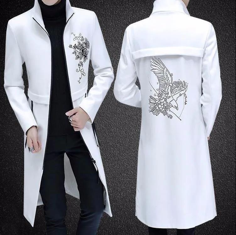 Men Leather Windbreaker Embroidered Floral Coat Stand Collar Casual Slim Jacket Trend Comfortable Parka Long