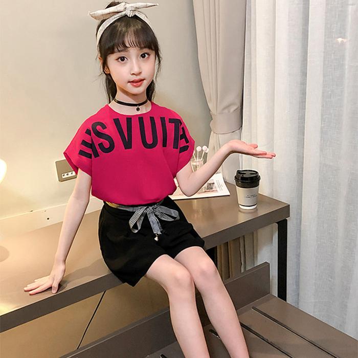 Girls' Children's Printed Letter Short Sleeve Suit Summer Girls' Korean Students' Shorts Two Pieces Set