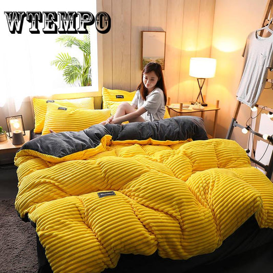 Wtempo Fleece Warm Winter Bedding Bed Duvet Cover Set Flannel Fleece Flat Sheet 4pcs Home Bedclothes