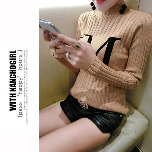 Autumn and Winter Half Turtleneck Sweater Pullover Long-sleeved Knitted Bottoming Shirt All-match Tight-fitting Women's Top