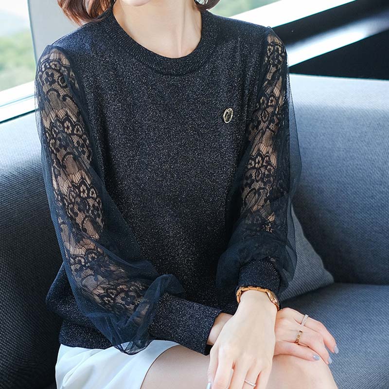 Lace Hollow Bottoming Shirt Women's Small Sweater Knitted Sweater Early Spring and Autumn Outer Wear Thin Top