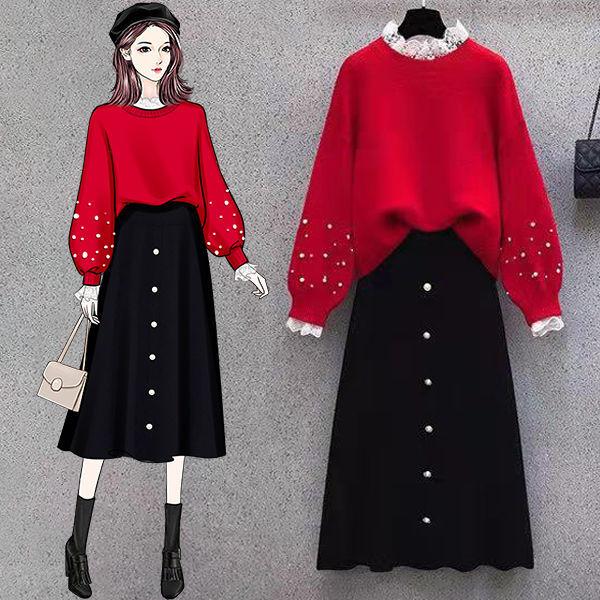 2pcs/set Plus Size Knitted Skirt Sets Women Fall/winter Beaded Lace Stitching Pullover Sweater and Knitted Skirt Two-piece Set Female Outfits