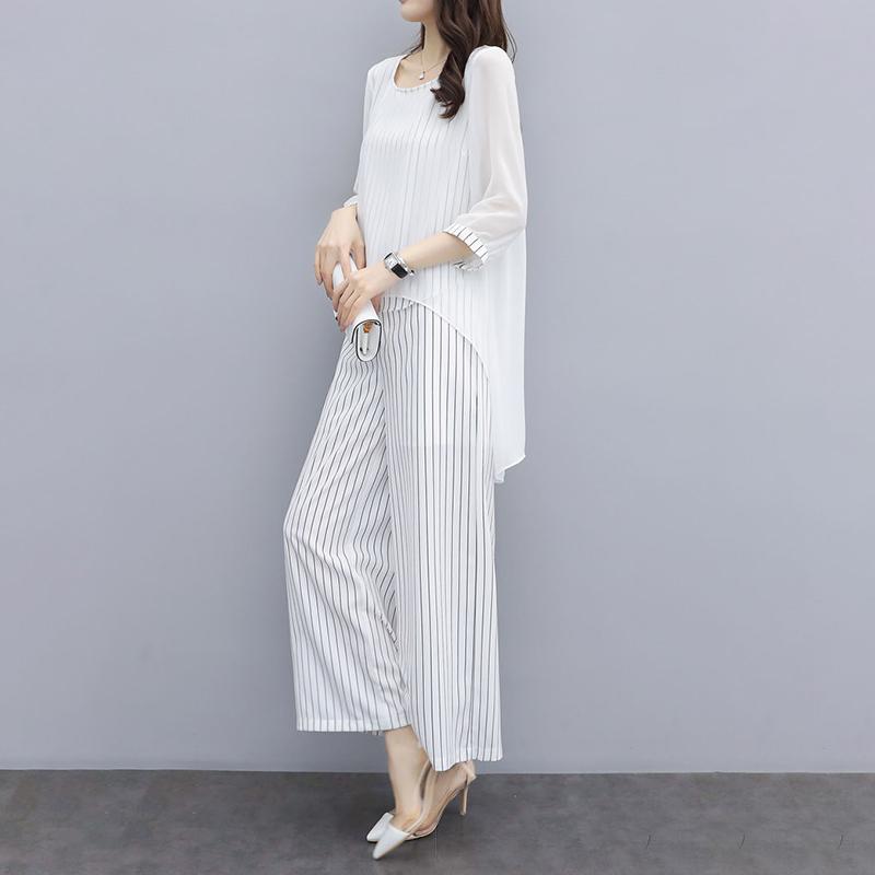 Loose Large Size Suit Covering Belly Slimming Two-piece Round Neck Shirt Loose Casual Wide-leg Pants Women Loose Slimming Chiffon Suit