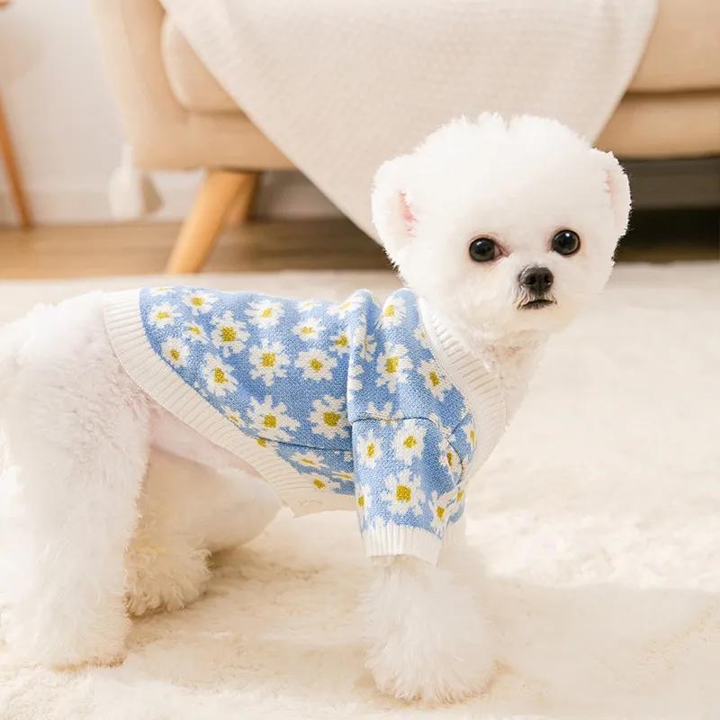 Dog's Sweater Cute Flowers Kitten Clothes Cat's Knitwear Autumn and Winter Outerwear Puppies Teddy Bichon Hiromi Pet Floral Sweater 2 Legs Cardigan