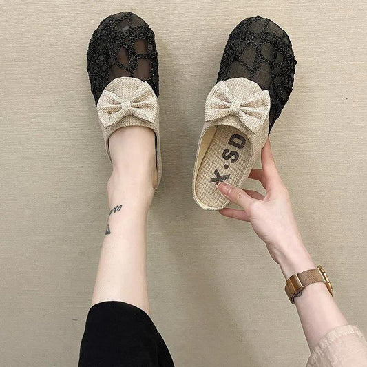 Lace Closed-toe Half Slippers Female Summer Hollow Linen Woven Loafers Lazy Outer Wear Sandals and Slippers