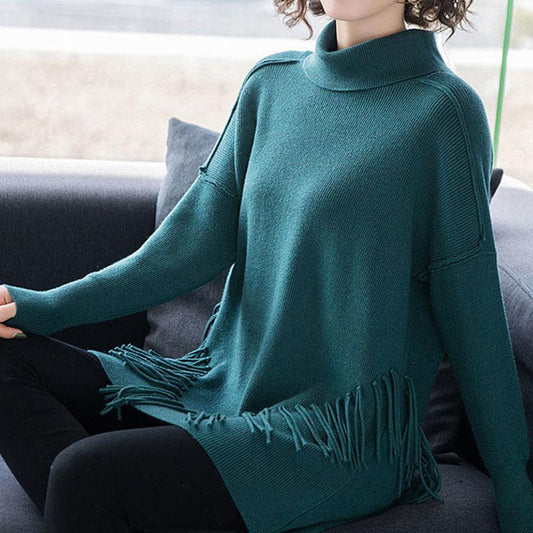 Autumn and Winter High Neck Loose Sweater Mid-length Tassel Plus Size Top Solid Color Knitted Women's Bottoming Shirt