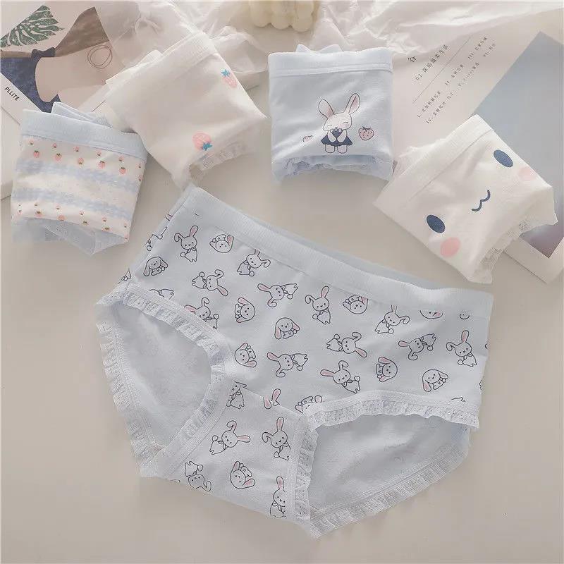 5 Pairs of Women's Plus Size Cotton Underwear Student Cartoon Breathable Cotton Crotch Underwear Girl Japanese Briefs