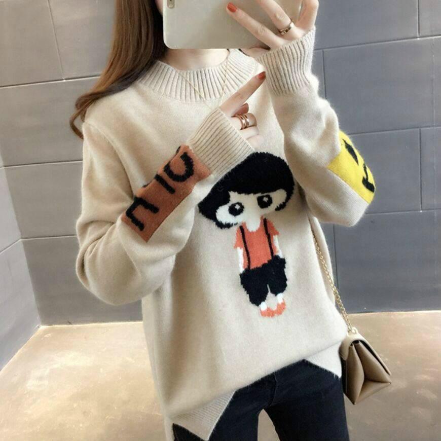 Autumn and Winter Cartoon Sweater Jacket Womens Long Sleeve All-match Knitted Sweater Woman